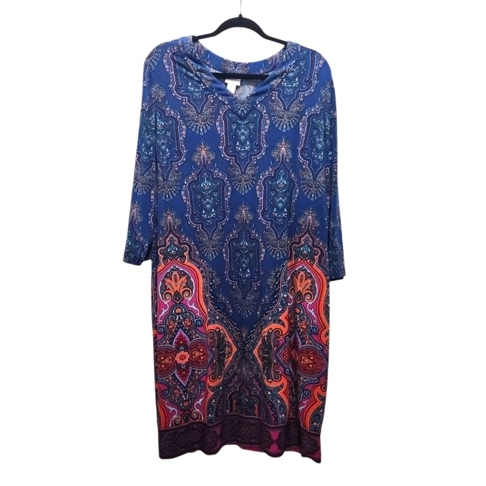 Chicos Womens XL Multi-Print Short Dress Blue Pink Orange Oranate Pattern Boho